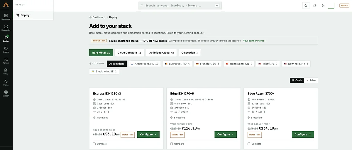 The Amóni deploy page for a Bronze partner: every plan shows the partner price with the list price struck through