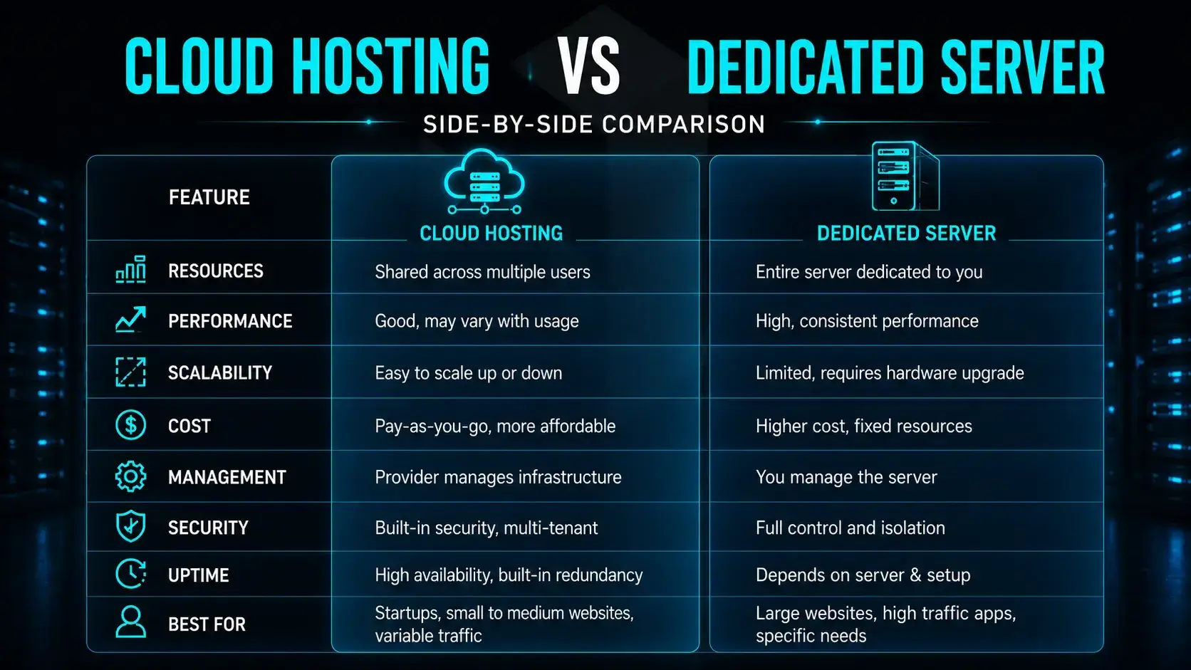 Cloud Hosting versus Dedicated Server Side-by-Side Comparison Table