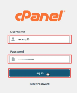 cPanel login screen with fields for username, password, and a login button.