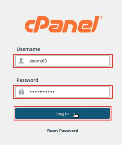 cPanel login screen with fields for username, password, and a login button.