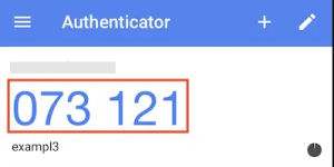 Authenticator app showing a two-factor authentication code for the user 'exampl3'.