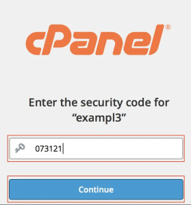 cPanel screen prompting the user 'exampl3' to enter the security code generated by the two-factor authentication app. 