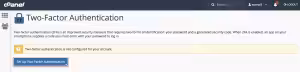 cPanel Two-Factor Authentication setup screen indicating that 2FA is not configured and providing an option to set up Two-Factor Authentication.