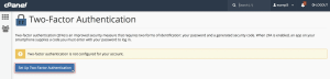 cPanel Two-Factor Authentication setup screen indicating that 2FA is not configured and providing an option to set up Two-Factor Authentication.