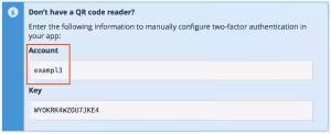 Instructions for manually configuring two-factor authentication with account name and key for users without a QR code reader.