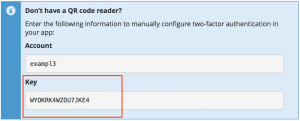 Instructions for manually configuring two-factor authentication with account name 'exampl3' and key provided for users without a QR code reader.