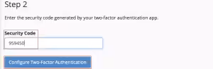 Step 2: Enter the security code generated by your two-factor authentication app in the Security Code field and click Configure Two-Factor Authentication.