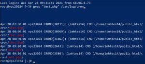 Terminal showing cron log entries for test.php script execution on a server.