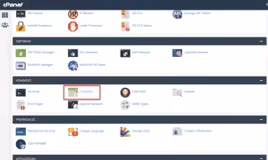 cPanel dashboard with various sections such as Software, Advanced, and Preferences, highlighting the Cron Jobs option