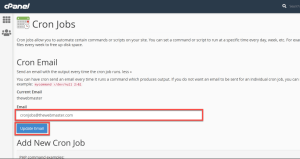 cPanel Cron Jobs page with email configuration and update button highlighted.