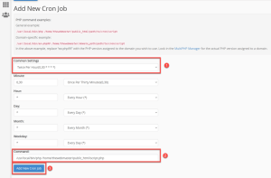 cPanel Add New Cron Job page with common settings and command fields highlighted. 