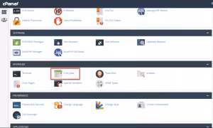 cPanel dashboard showing advanced options with Cron Jobs highlighted.