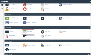 cPanel dashboard showing advanced options with Cron Jobs highlighted.