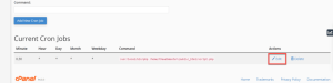 cPanel Current Cron Jobs page with an option to edit an existing cron job.