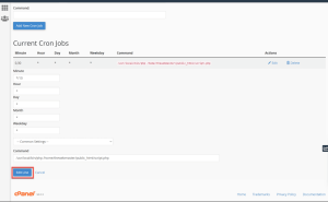 cPanel Current Cron Jobs page with a cron job being edited and the Edit Line button highlighted.
