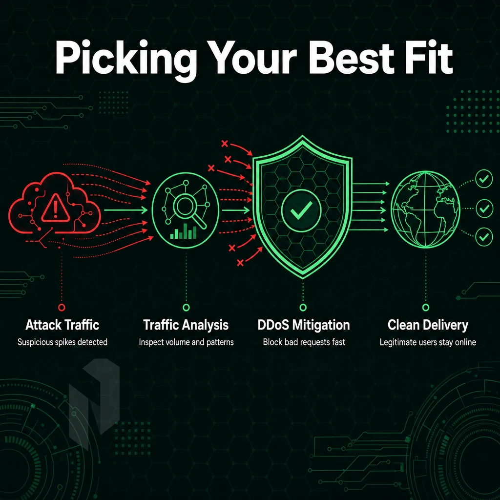 DDoS mitigation flow with shield and traffic arrows