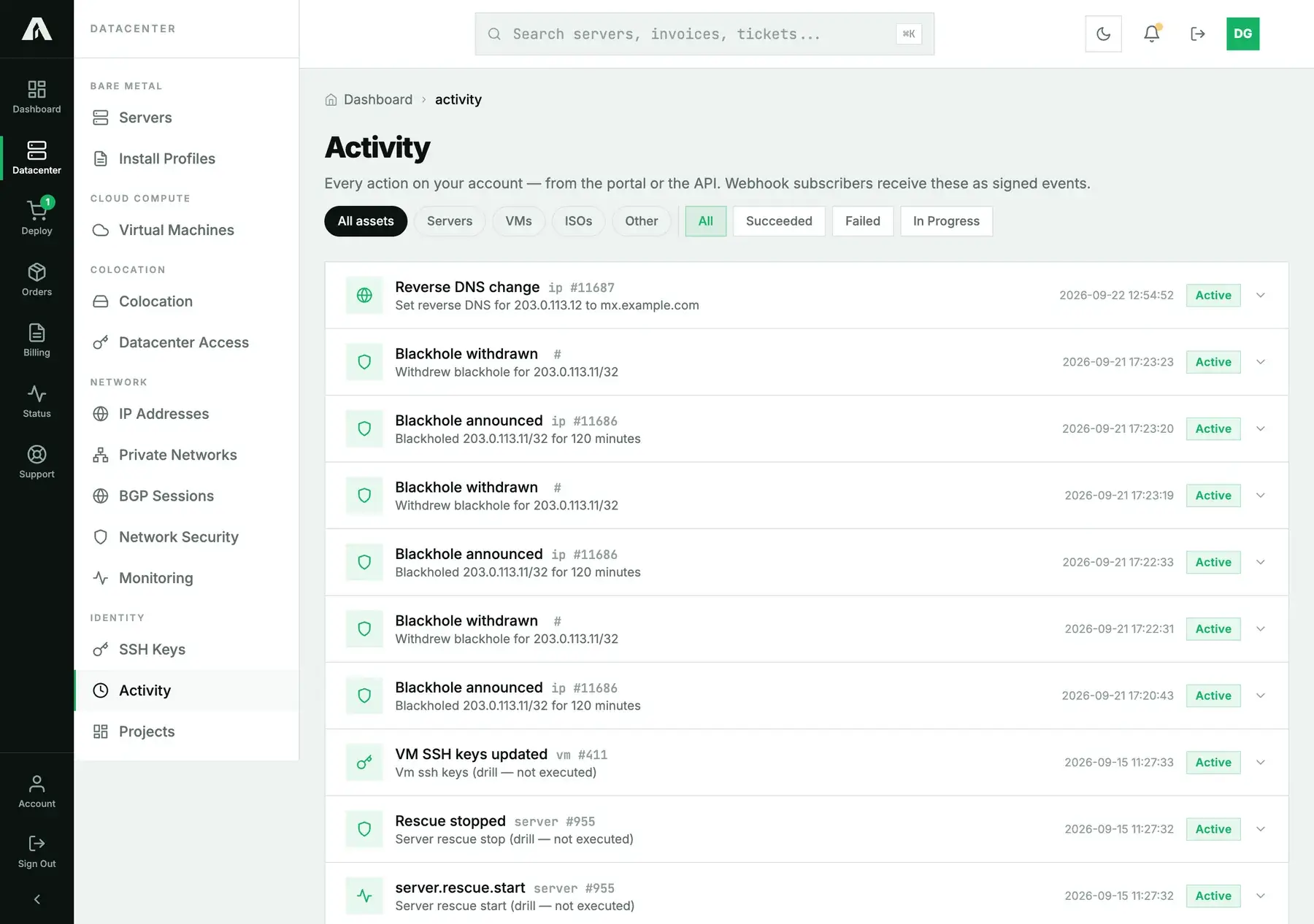 The Activity page in Amóni: a list of operations including a reverse DNS change, blackhole announce and withdraw, VM SSH key update and rescue actions, each with an id, a timestamp and a status