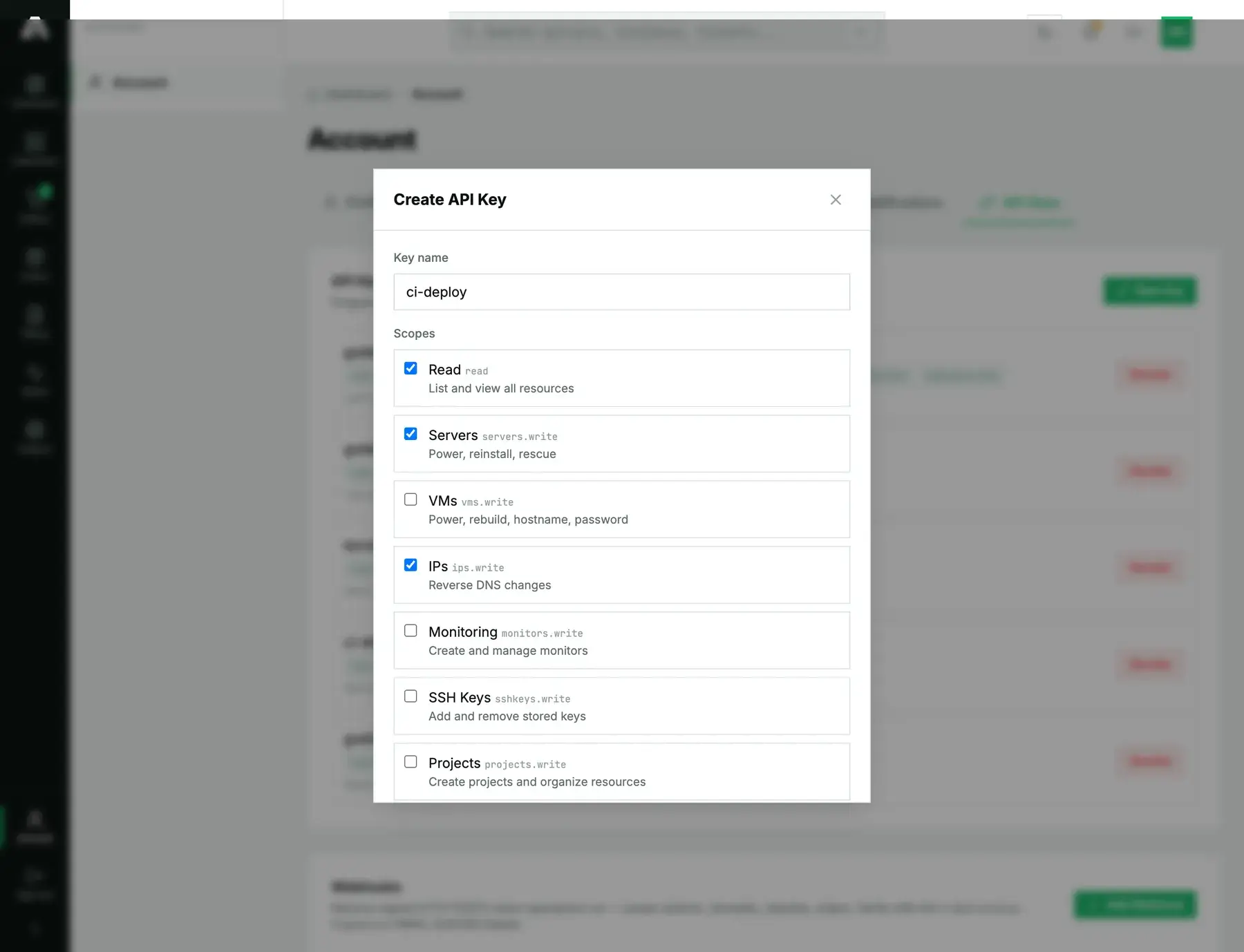 The Create API Key dialog: a name field set to ci-deploy, scope checkboxes with Read, Servers and IPs ticked, and an allowed source IPs field