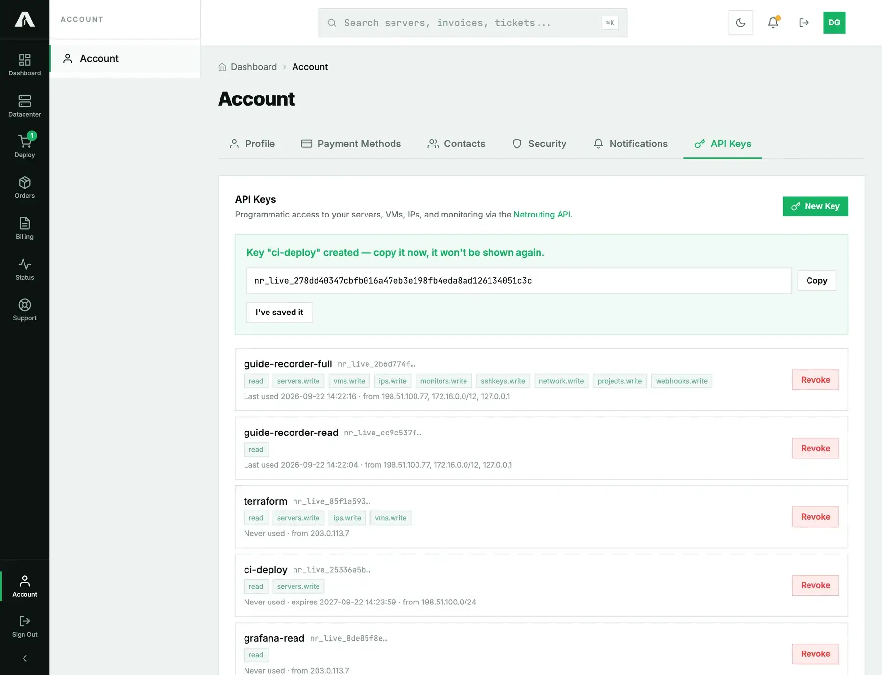 The API Keys tab after creating a key: a green banner reads Key ci-deploy created, copy it now, it won't be shown again, with the full nr_live_ key and a Copy button