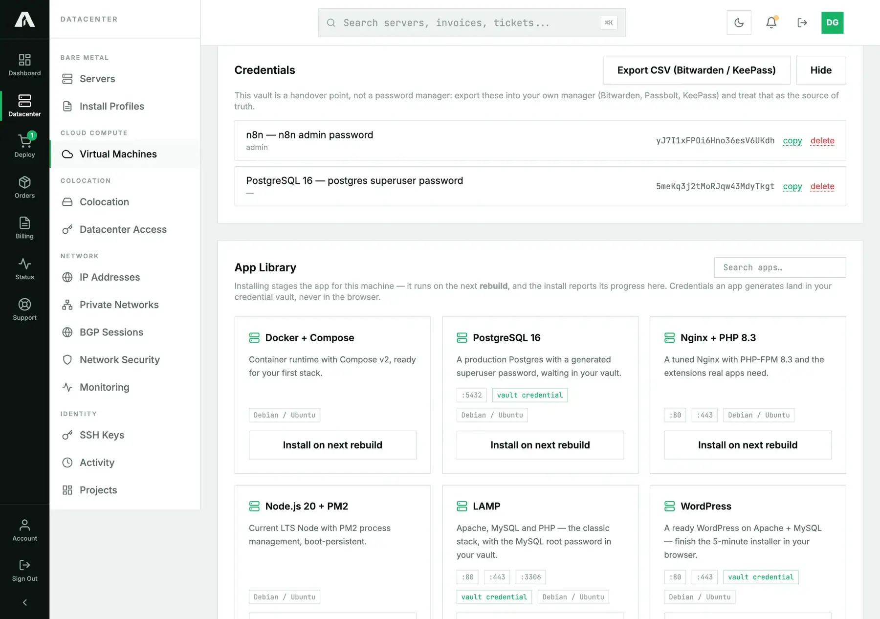 The Credentials vault revealed: an n8n admin password and a PostgreSQL 16 superuser password, each with copy and delete links, and an Export CSV (Bitwarden / KeePass) button