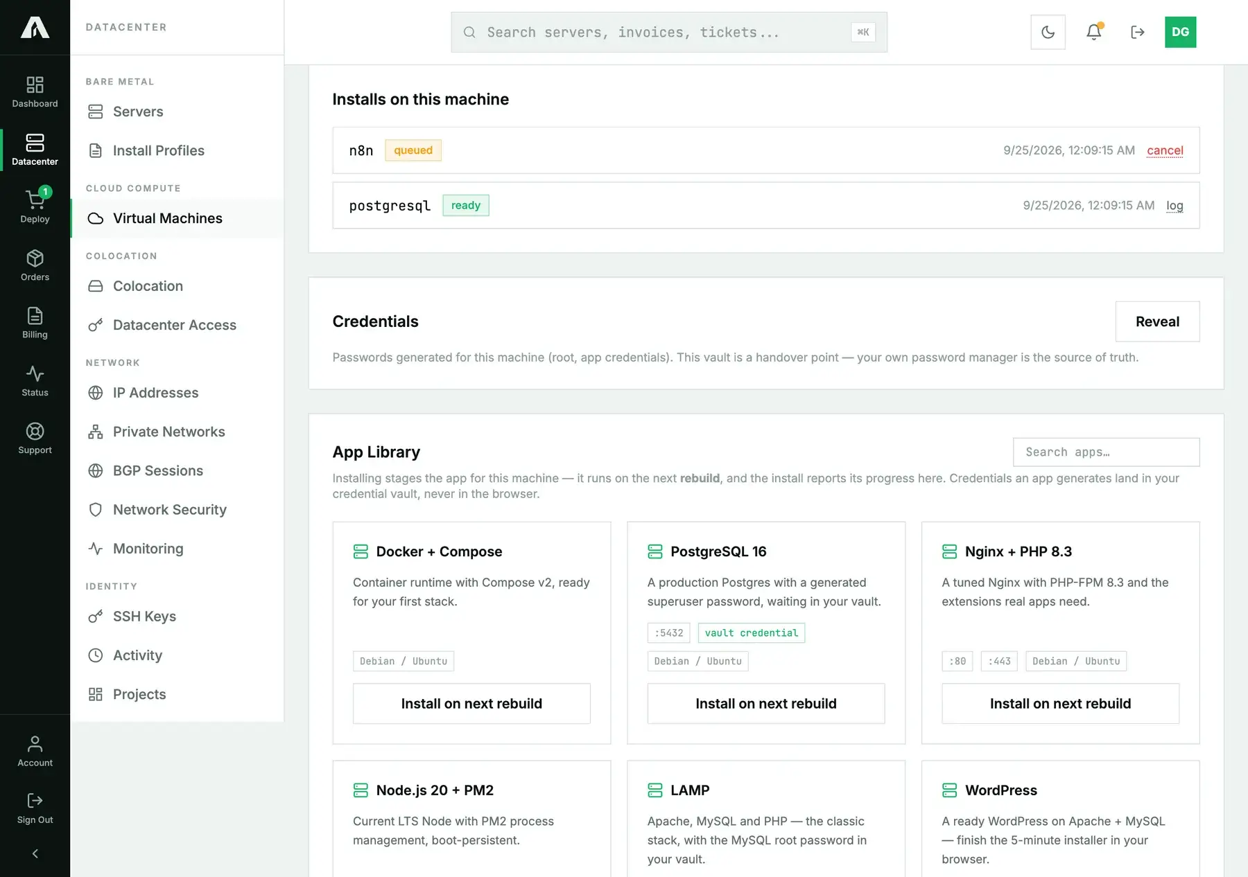 Installs on this machine: n8n with a queued status and a cancel link, and postgresql with a ready status and a log link