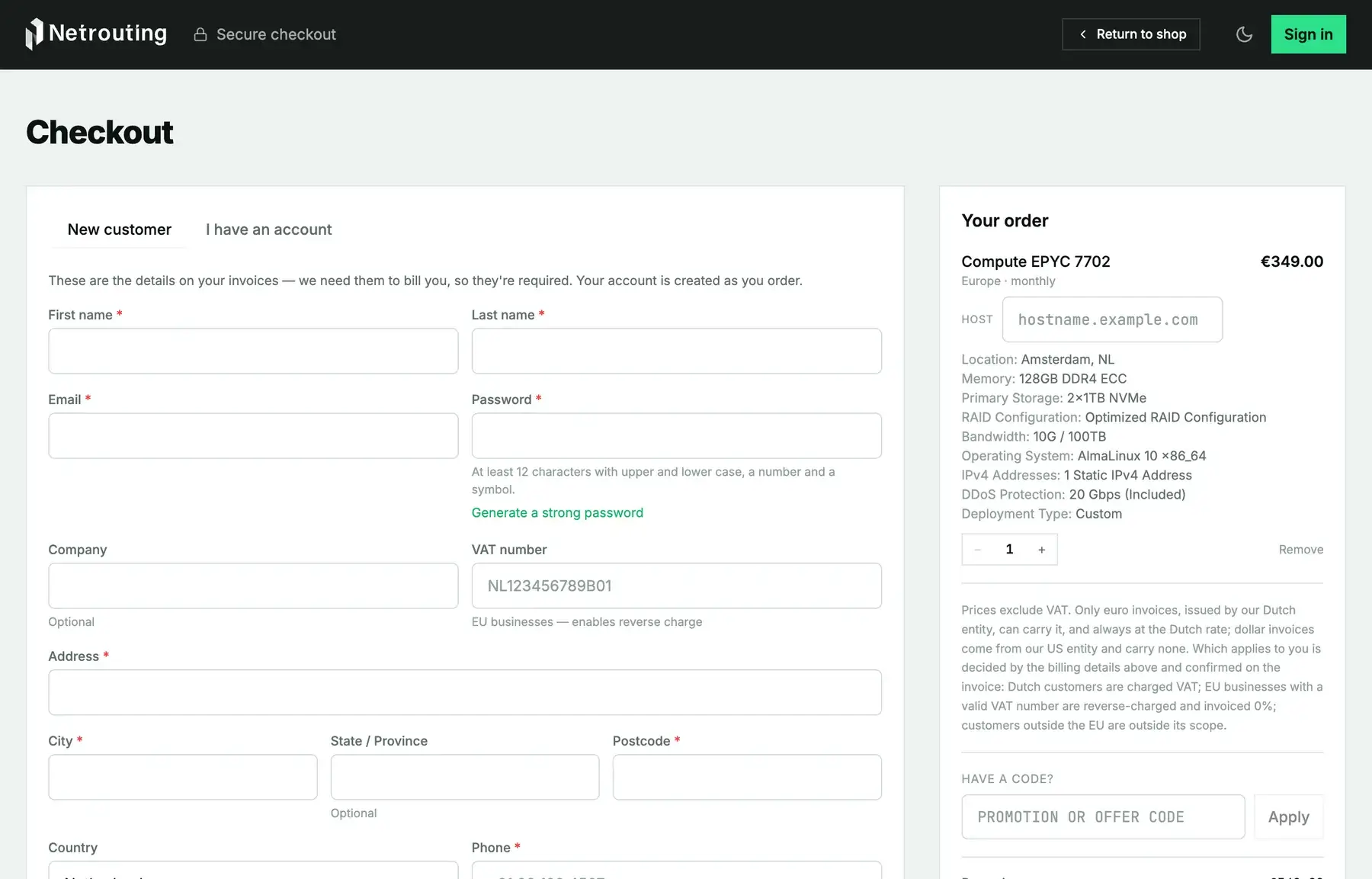 The checkout page as a new customer: name, email and password fields on the left, the order summary with hostname, options and total on the right