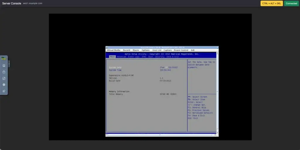 The Server Console page in Amóni showing a bare-metal server's screen in the controller's viewer, currently in the BIOS setup utility, with the Virtual Media, Macro and Power Control menus along the top of the viewer window