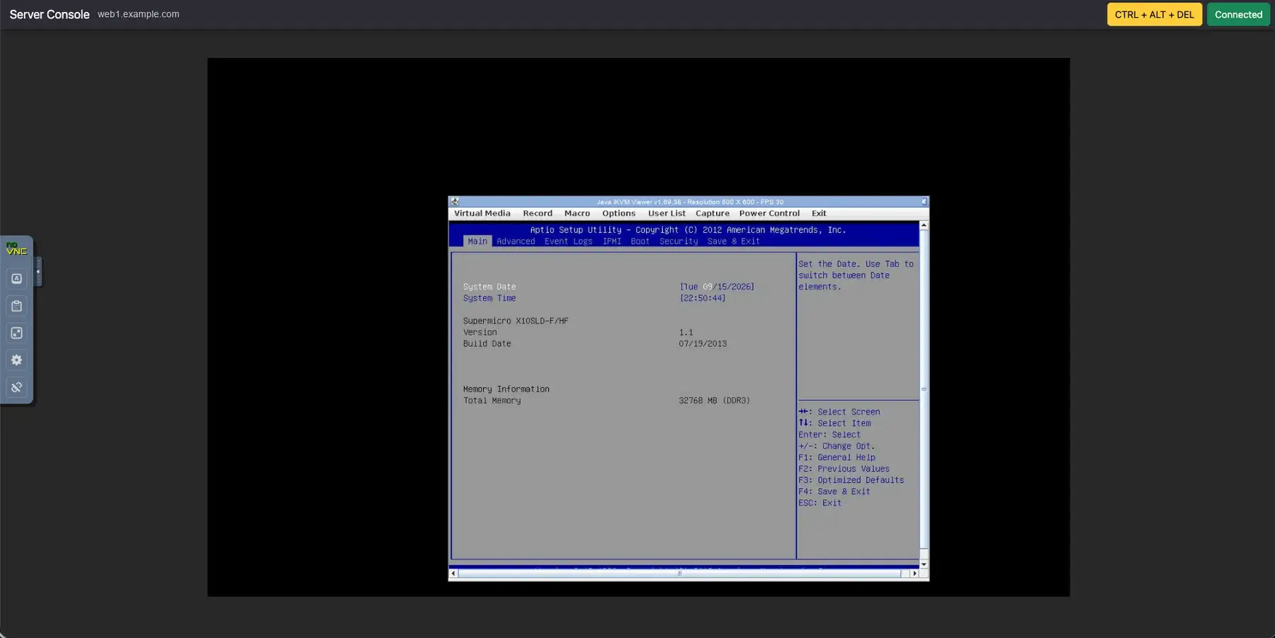 The Server Console page in Amóni showing a bare-metal server's screen in the controller's viewer, currently in the BIOS setup utility, with the Virtual Media, Macro and Power Control menus along the top of the viewer window