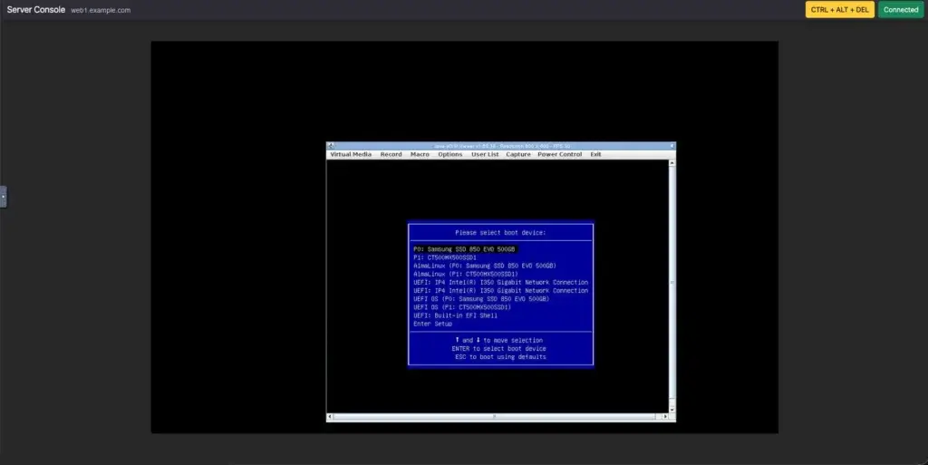 The server's one-time boot device menu shown in the console, listing the installed SSDs, the UEFI network boot entries, the built-in EFI shell and Enter Setup