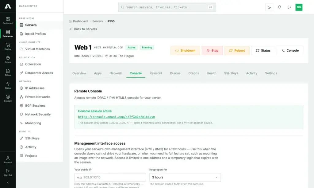 The Console tab after launching: a green Console session active box with the session link and a note that the session only admits the address it was opened for