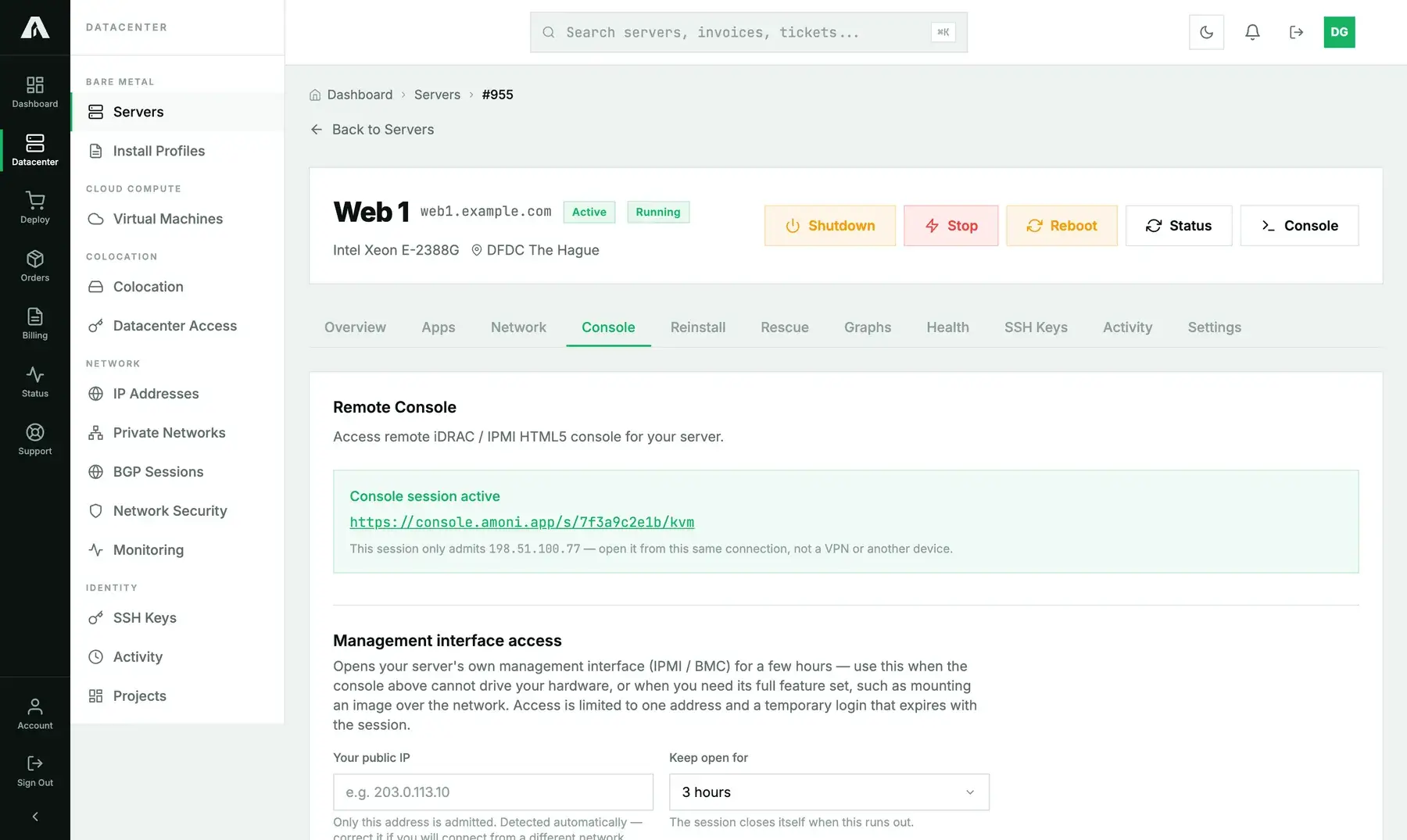 The Console tab after launching: a green Console session active box with the session link and a note that the session only admits the address it was opened for