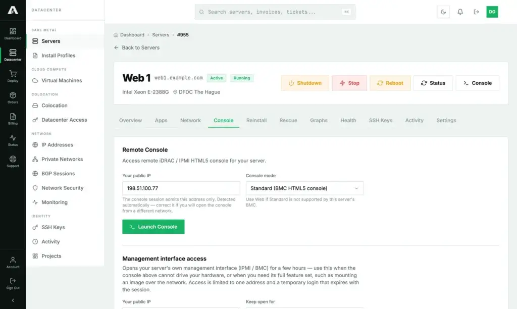 The Console tab of a bare-metal server in the Amóni portal: a Your public IP field pre-filled with the visitor's address, a Console mode selector set to Standard, and the Launch Console button
