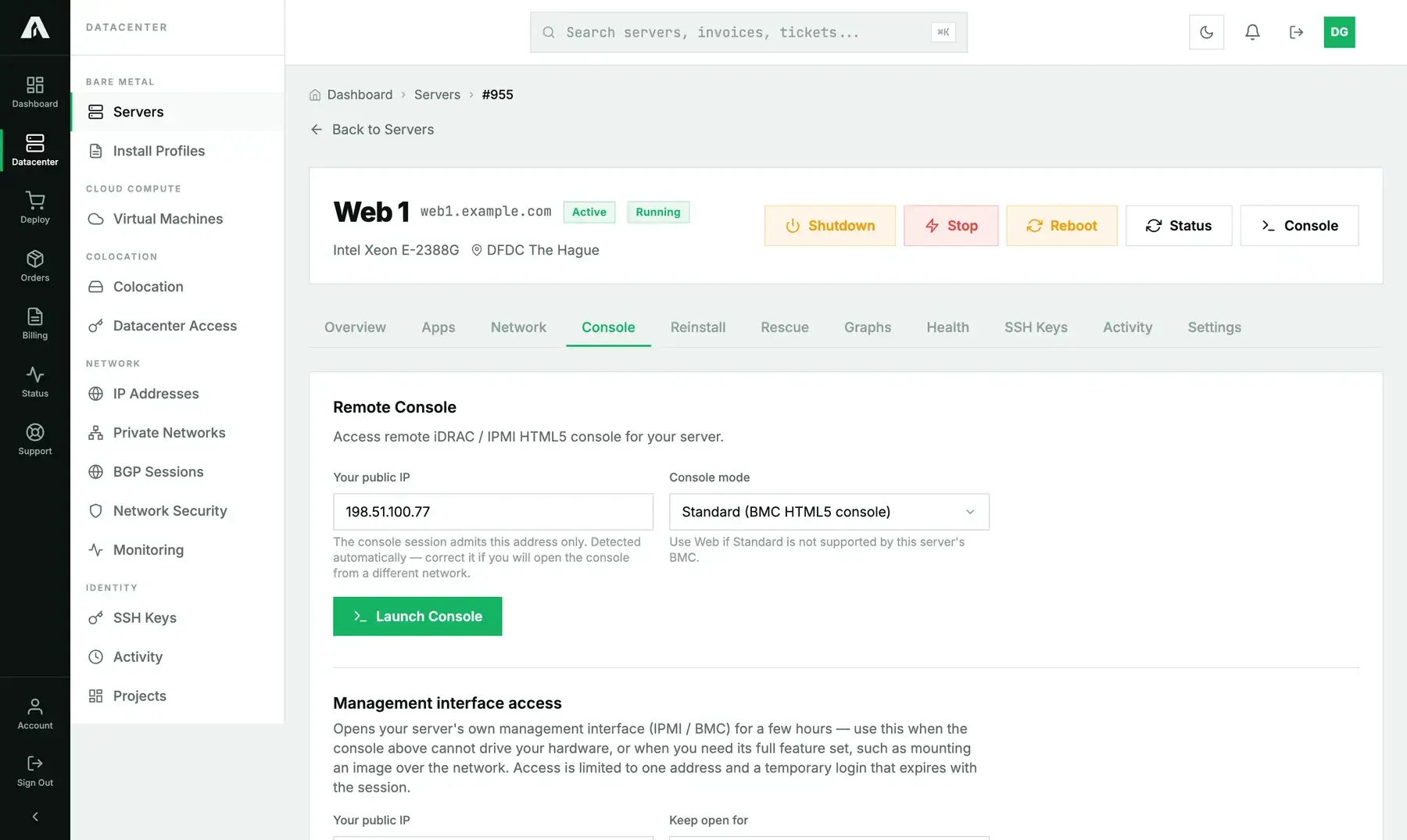 The Console tab of a bare-metal server in the Amóni portal: a Your public IP field pre-filled with the visitor's address, a Console mode selector set to Standard, and the Launch Console button