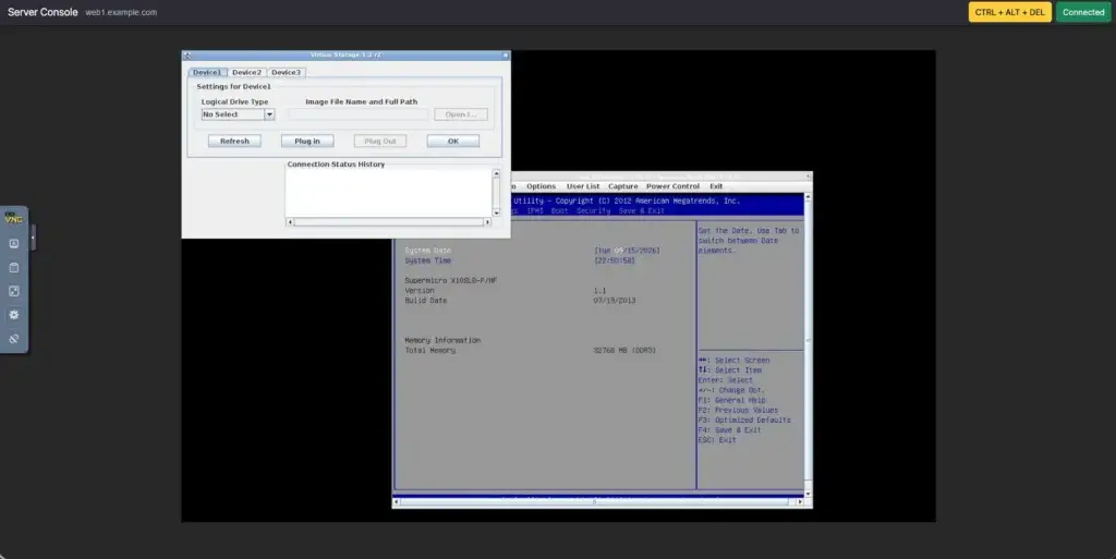The Virtual Storage dialog opened from the console viewer's Virtual Media menu: a Device1 tab with a Logical Drive Type selector, an image file path field, and Refresh, Plug in, Plug Out and OK buttons