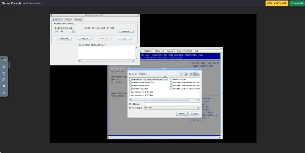The Open dialog listing the image library available to the console: AlmaLinux, Ubuntu Server 18.04, 20.04 and 24.04 live installers, Proxmox VE 8 and 9, netboot.xyz, a recovery image and Intel boot utilities