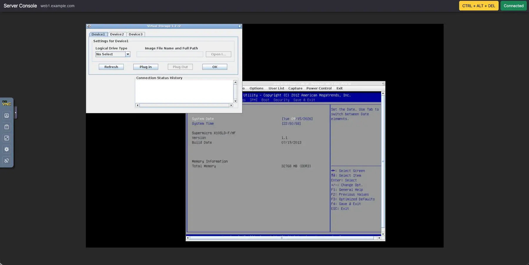 The Virtual Storage dialog opened from the console viewer's Virtual Media menu: a Device1 tab with a Logical Drive Type selector, an image file path field, and Refresh, Plug in, Plug Out and OK buttons
