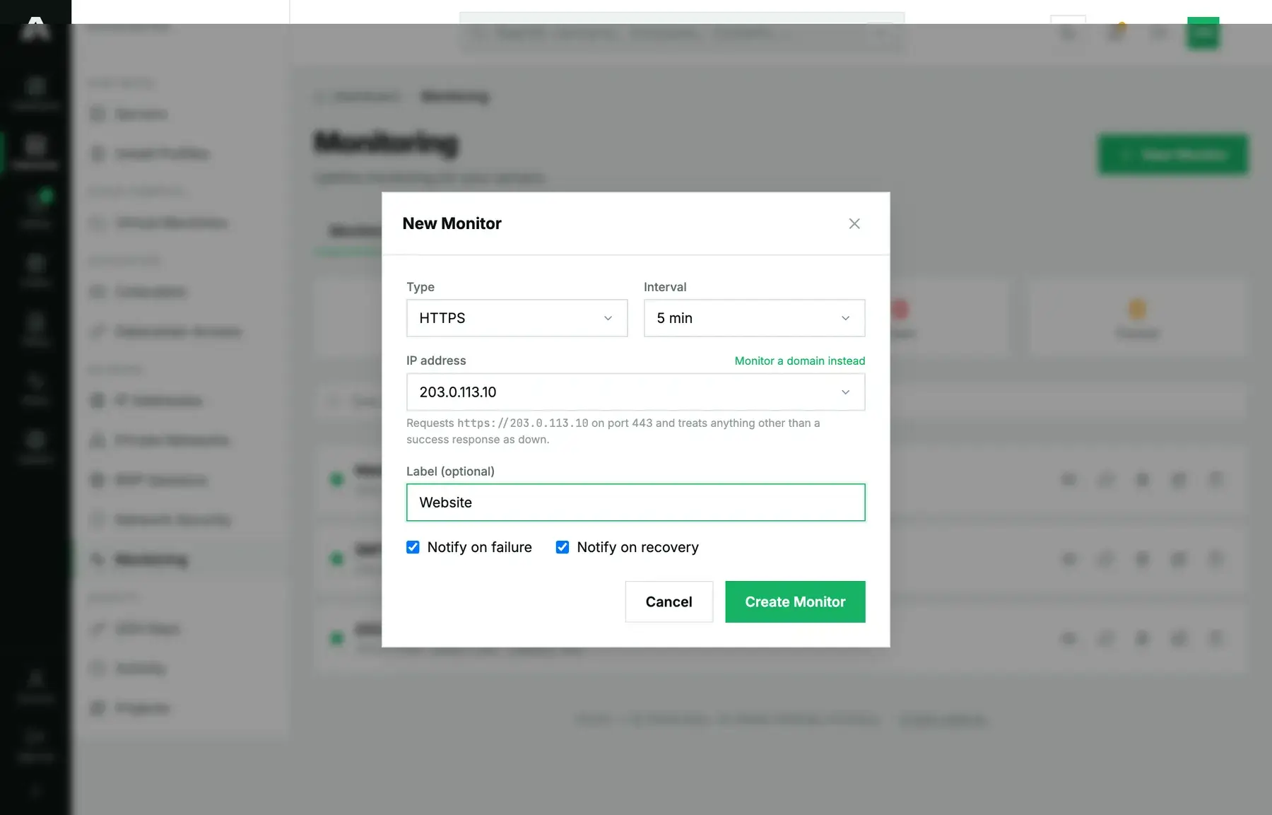 The New Monitor dialog in Amóni: type set to HTTPS, one of the account's own addresses selected, interval, label, and the alert options