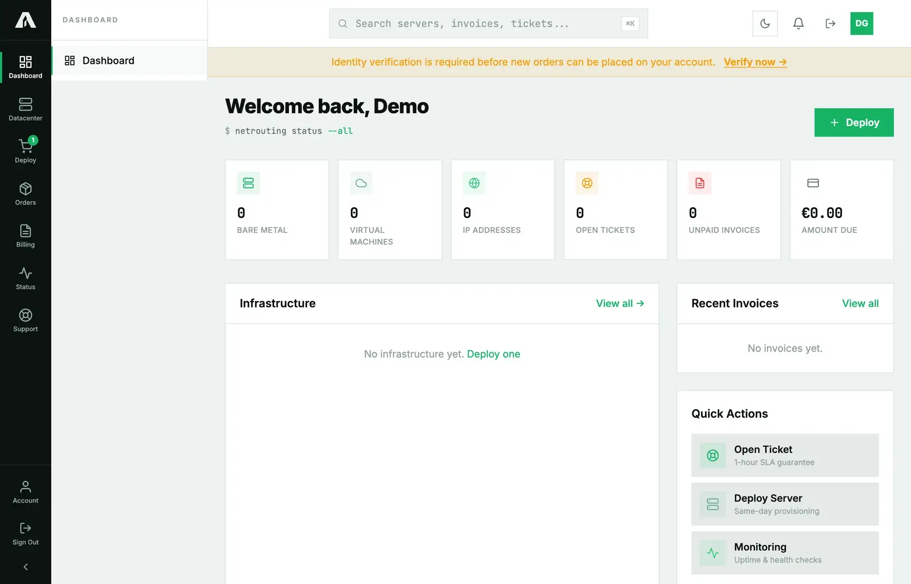 The Amóni dashboard of a new account: zero servers and invoices, a Deploy button, and a banner asking for identity verification