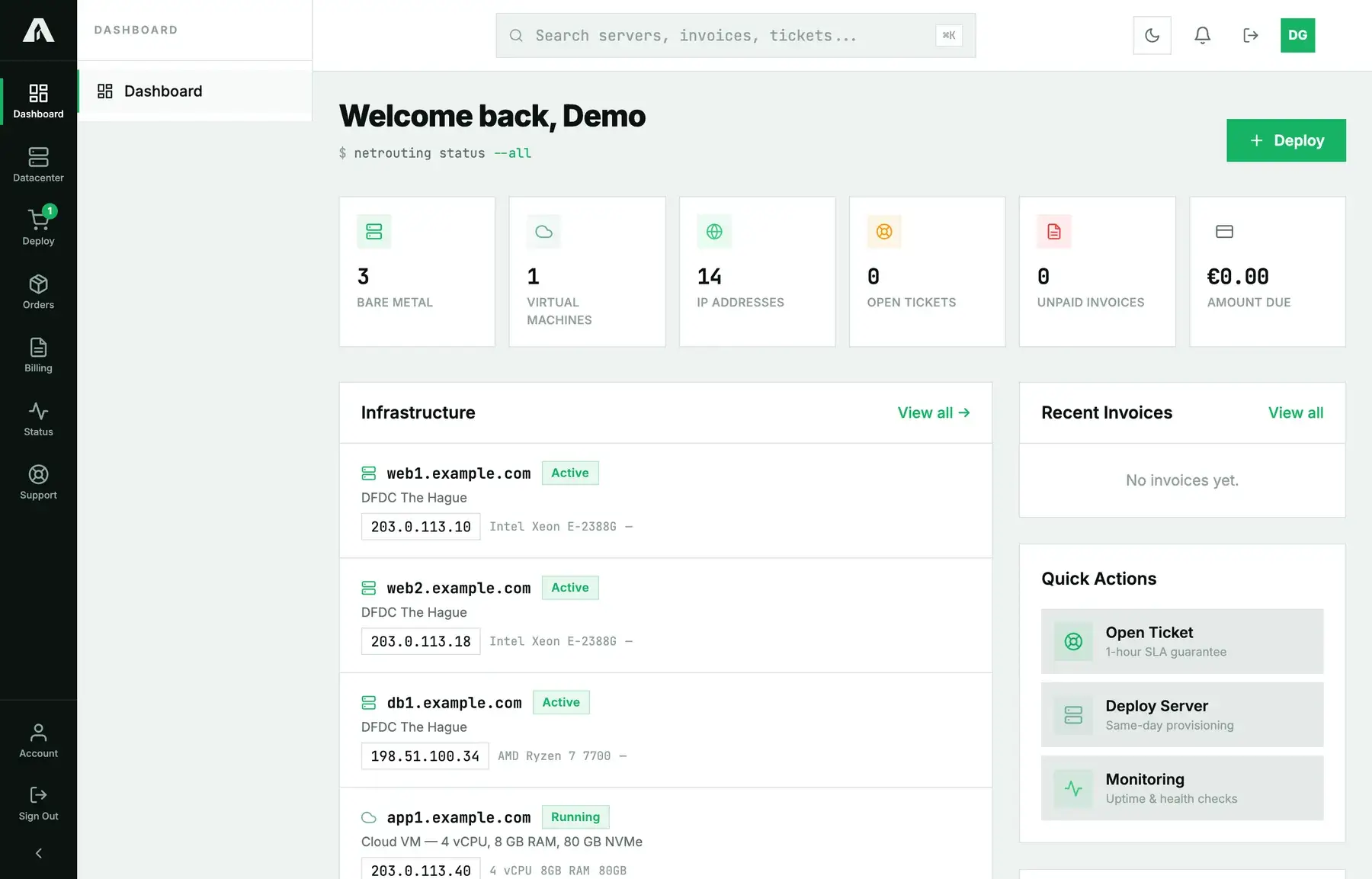 The Amóni dashboard: counters for servers, VMs, IPs, tickets and invoices, the infrastructure list with addresses, recent invoices and quick actions