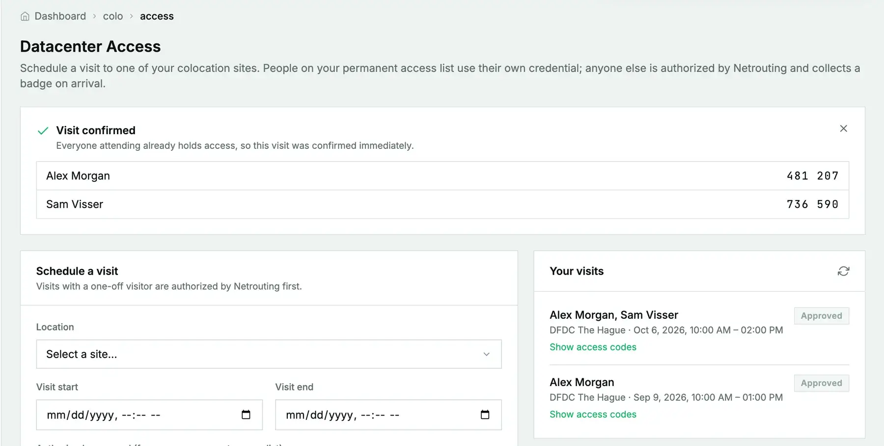 A confirmed visit in Amóni: Visit confirmed, with an access code next to each of the two people, and the new visit listed as Approved under Your visits