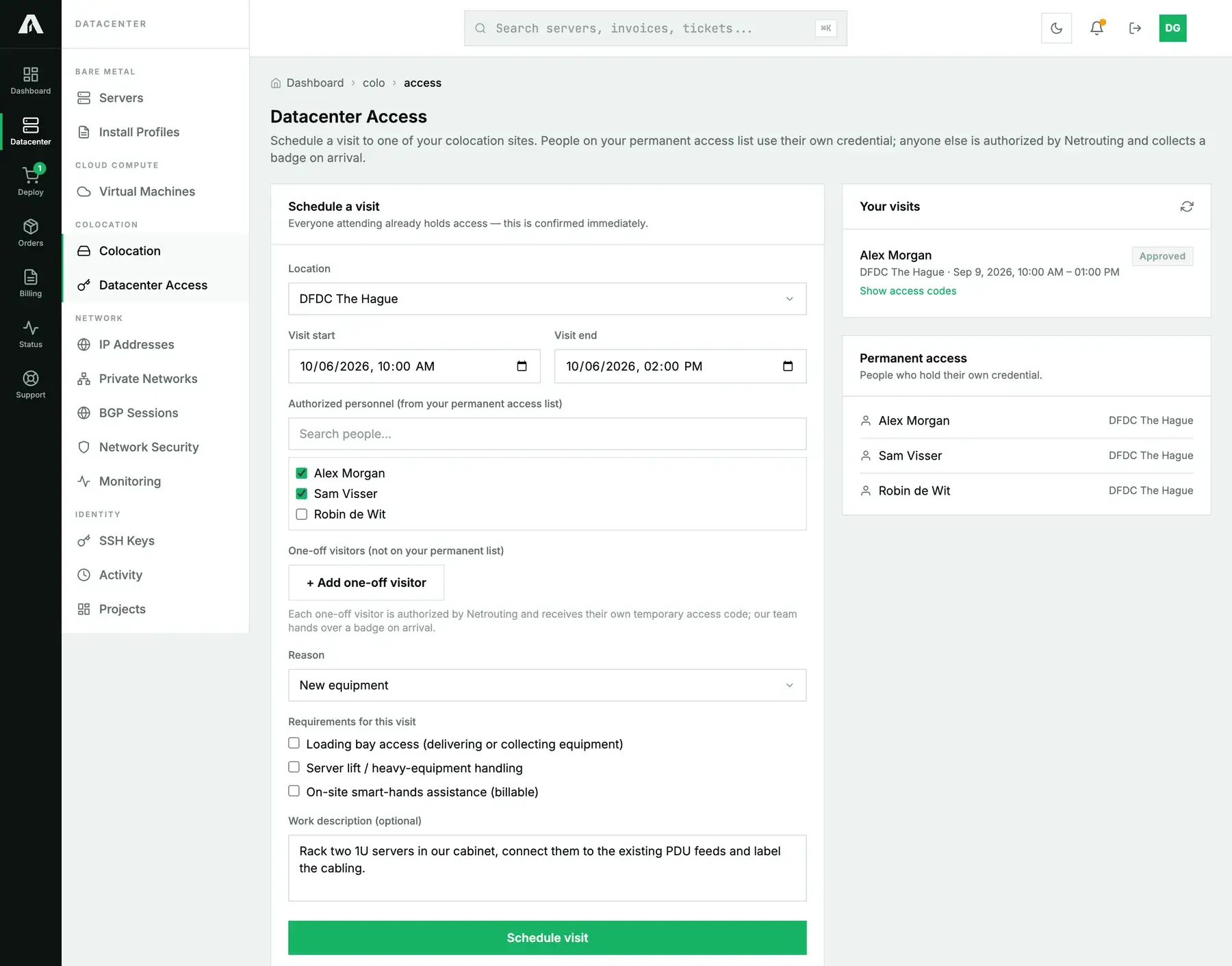 The Datacenter Access page in Amóni: the Schedule a visit form with a location, a visit window, two people ticked from the permanent access list and a reason, next to Your visits and the Permanent access list