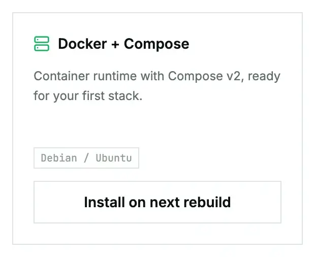 The Docker + Compose card in the App Library on a cloud instance's Apps tab, with its Debian / Ubuntu label and the Install on next rebuild button