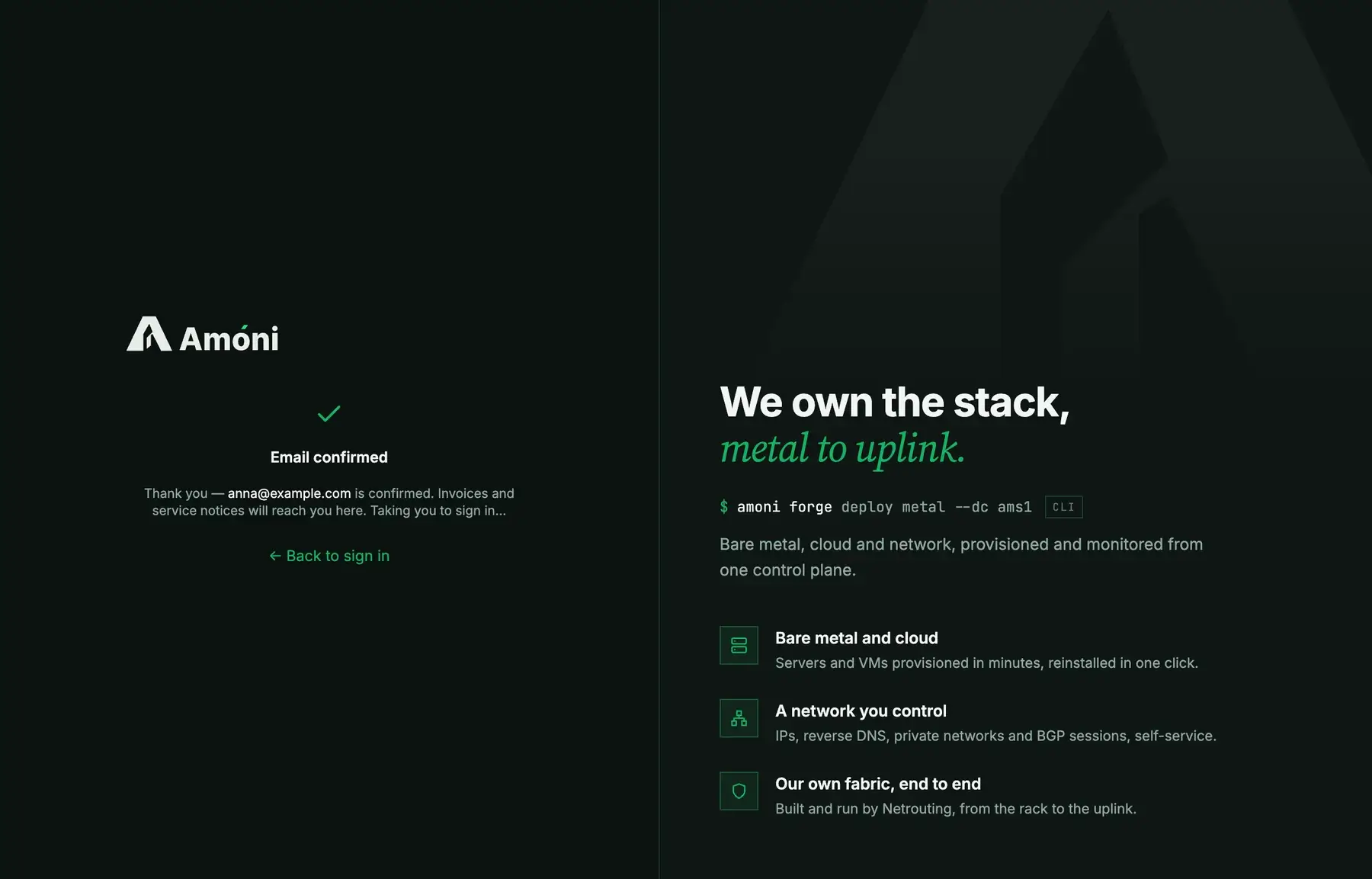 The Email confirmed page after clicking the activation link