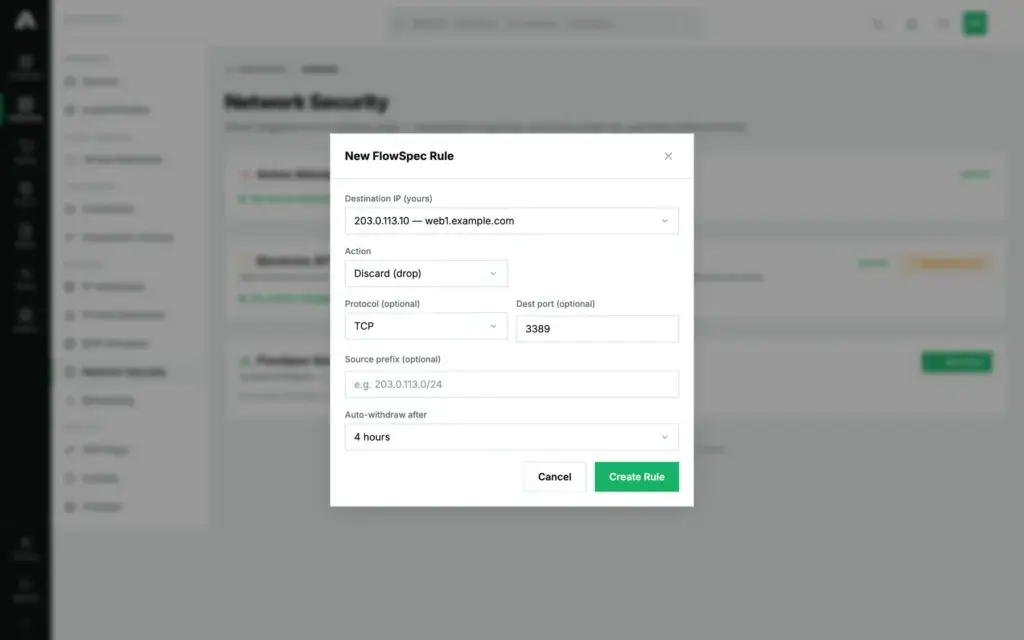 The New FlowSpec Rule dialog on the Network Security page in the Amóni portal, set to discard TCP traffic to destination port 3389 for the server's address, with an auto-withdraw timer