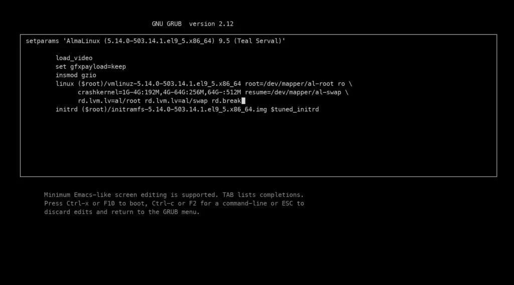 The GRUB edit screen on a server console showing the linux kernel line with rd.break appended at the end, and the hint to press Ctrl-x to boot