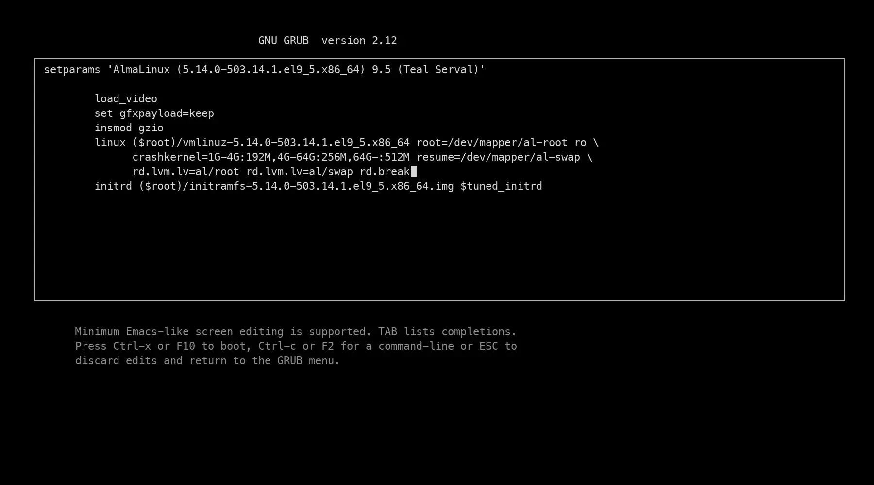 The GRUB edit screen on a server console showing the linux kernel line with rd.break appended at the end, and the hint to press Ctrl-x to boot