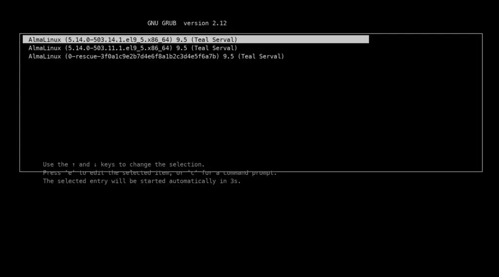 The GRUB boot menu on a server console with the first entry highlighted and the hint to press e to edit the commands before booting
