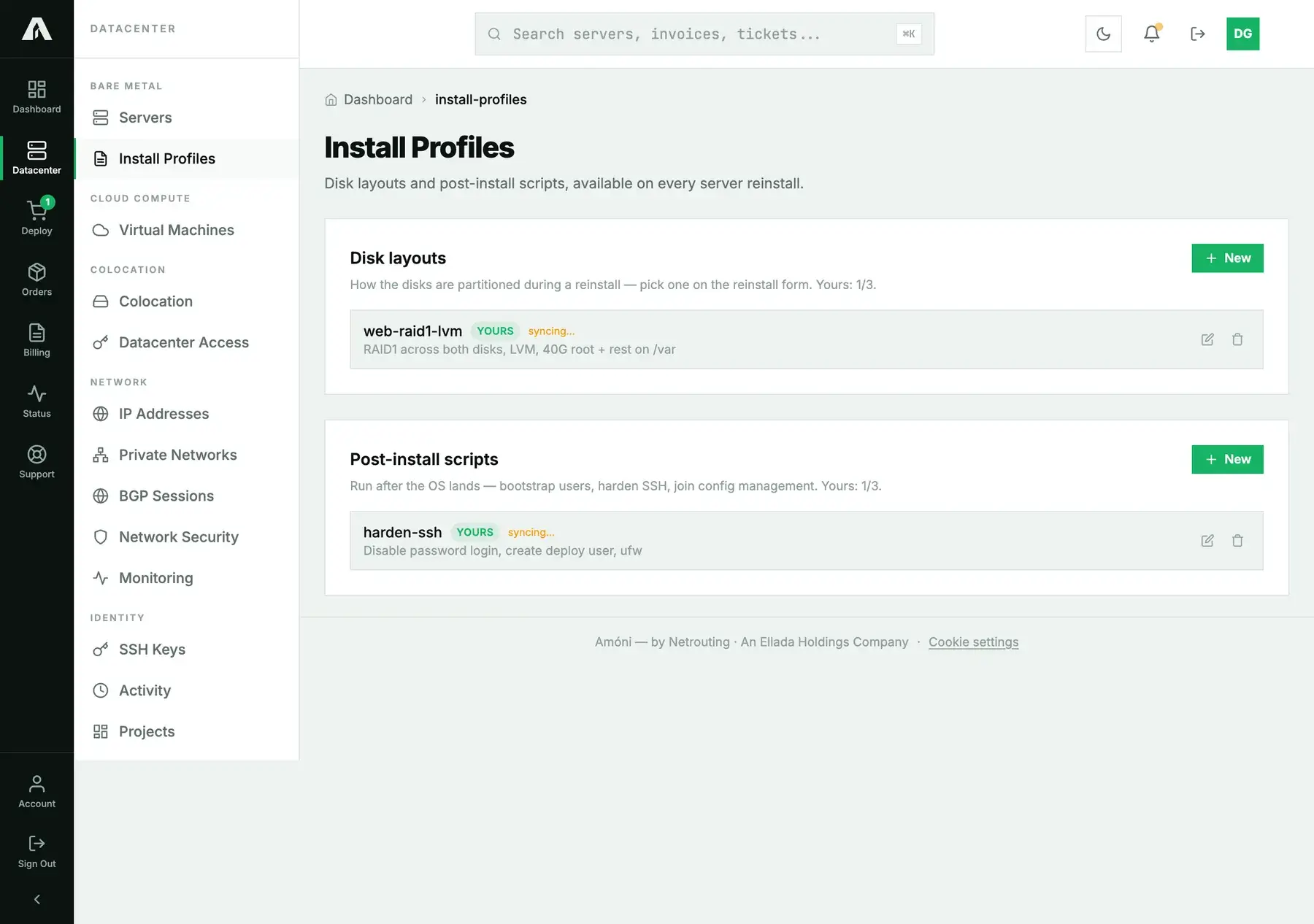 The Install Profiles page in Amóni: a Disk layouts section with a saved RAID1 LVM layout and a Post-install scripts section with an SSH hardening script, each showing a Yours badge