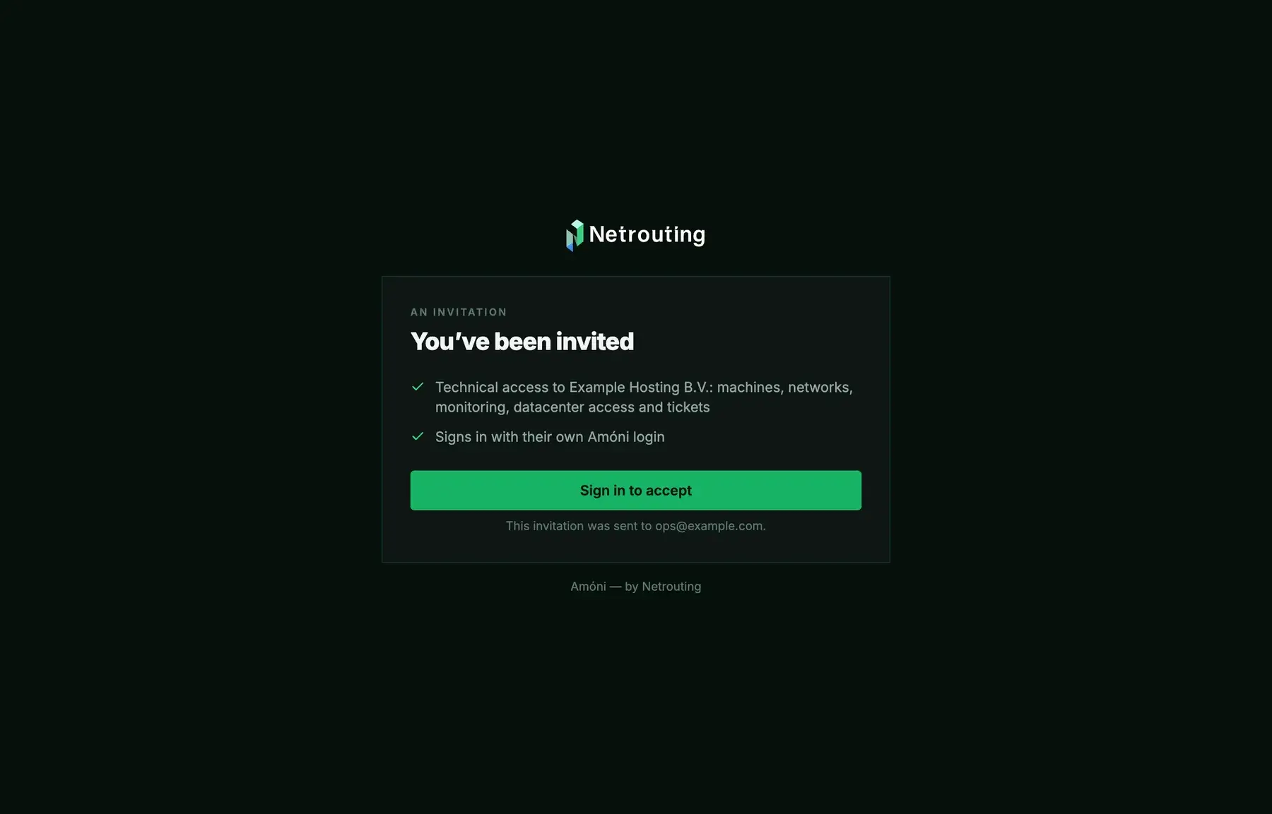 The invitation page: You have been invited, the access being granted, and a Sign in to accept button