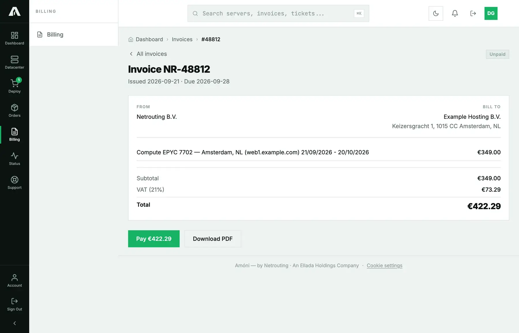 An unpaid invoice in Amóni: seller and bill-to addresses, one line item, subtotal, VAT and total, with a Pay button and a Download PDF button